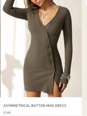 Joah Brown Olive Ribbed Asymmetrical Button Mini Dress XS Sold Out on Website